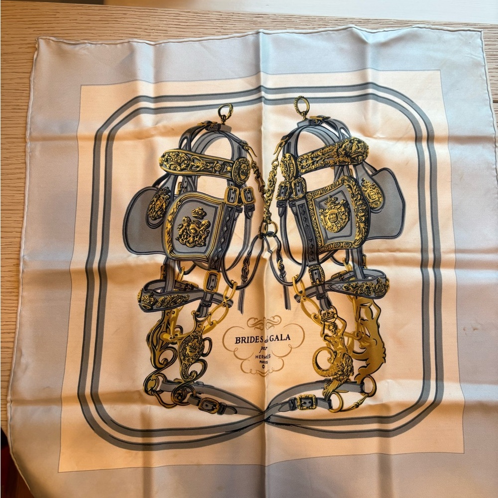 Hermes Gold and Gray Silk Scarf